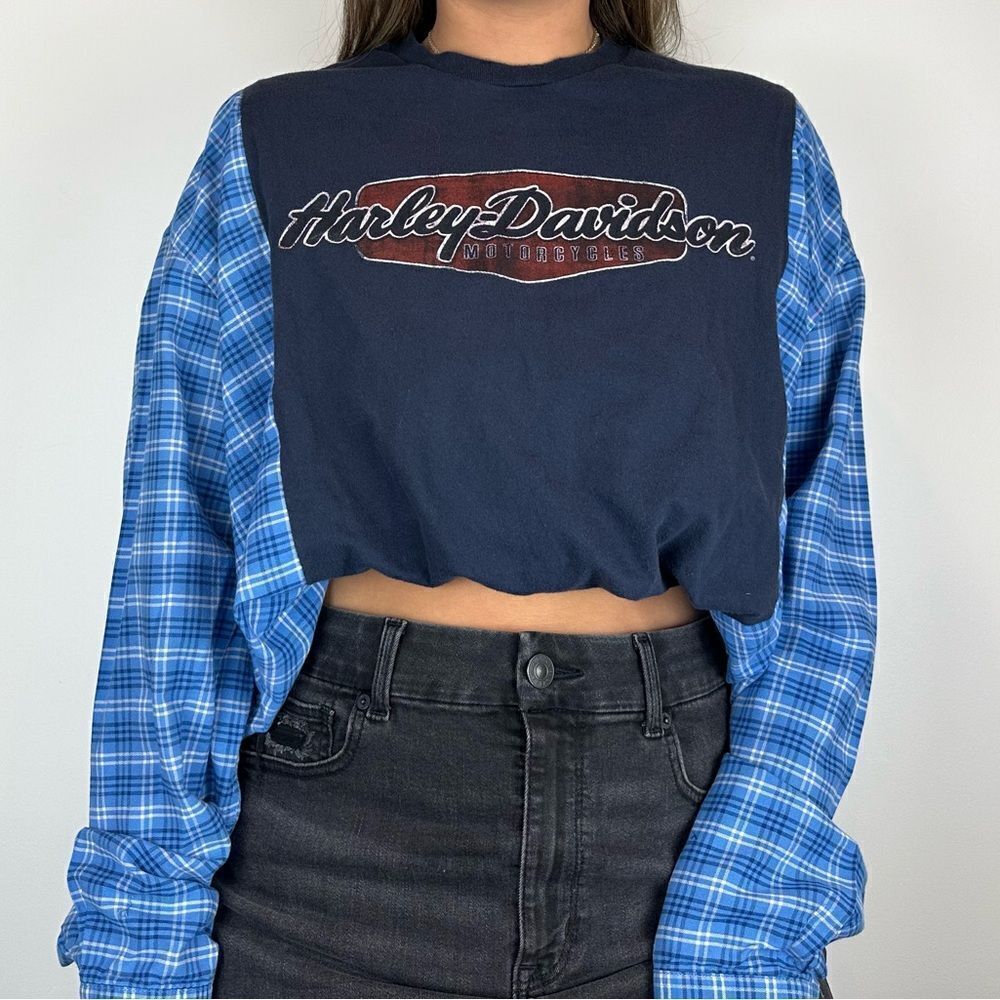 Reworked Harley Davidson Flannel Long Sleeved
Loose Baggy Plaid Blue Shirt